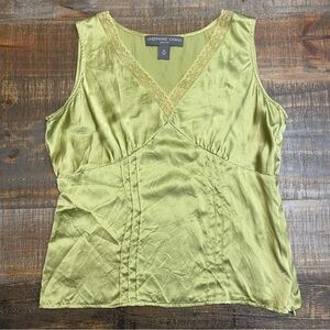 Josephine chaus 100% silk green lace trim tank top